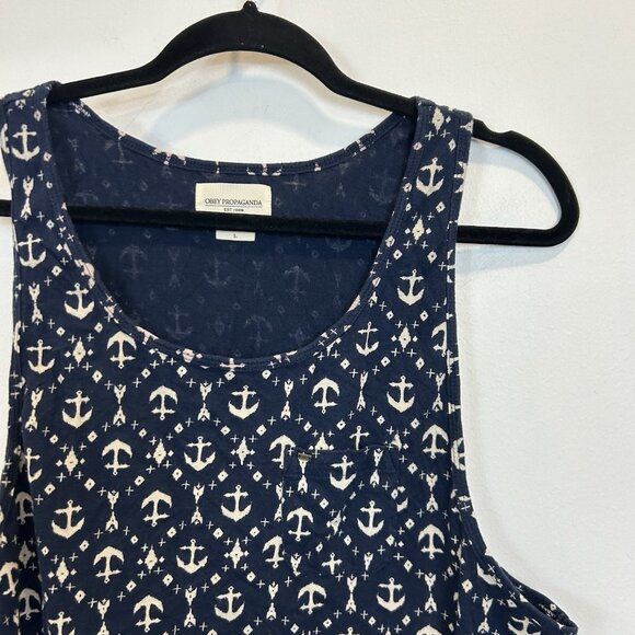OBEY Propaganda Tank Top Pullover Top Mens Large 100% Cotton Anchor Print Navy - Picture 5 of 9
